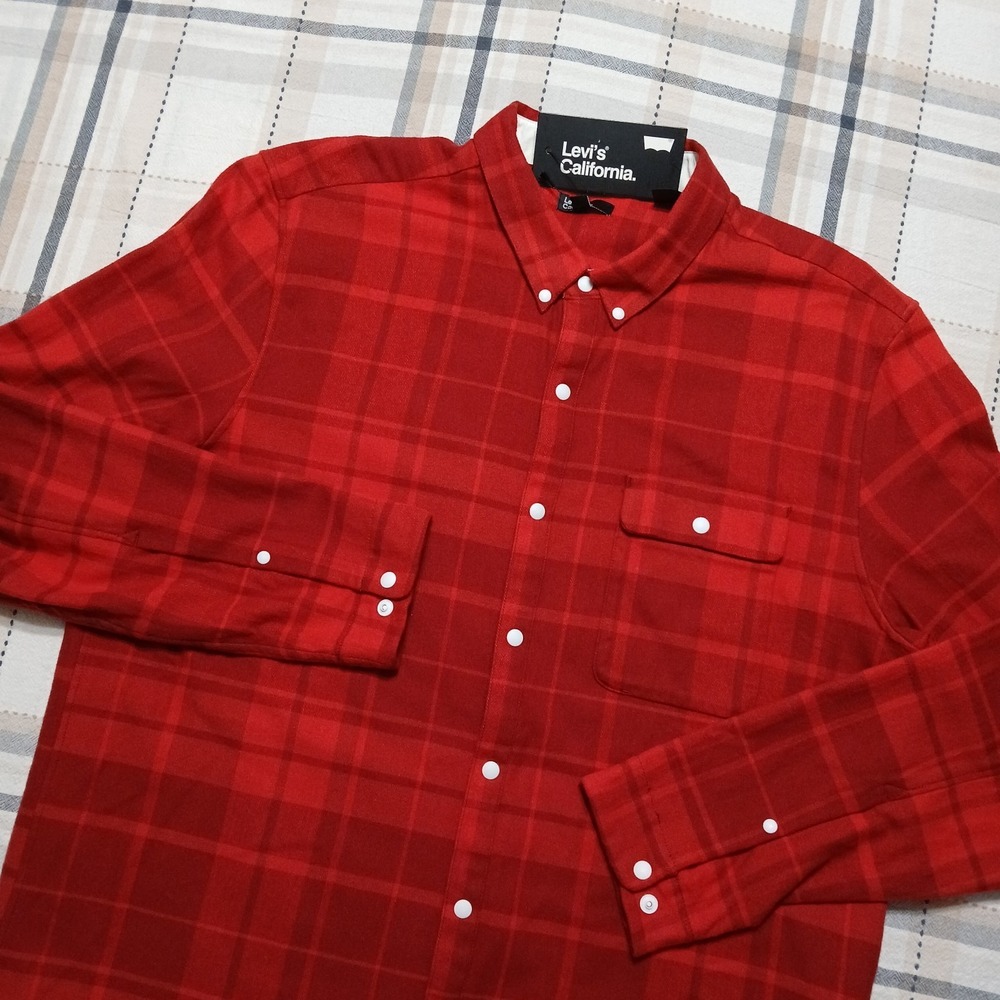 Levis California Mens Brushed Cotton Herringbone Red Flannel Snap Shirt Size XL
